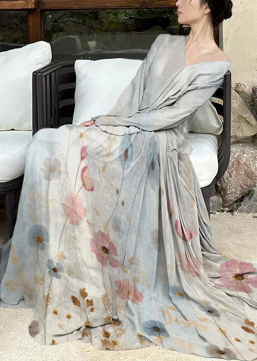 Midnight Sale cocktail party dressArt Gray flowers V Neck Wrinkled Cotton Maxi Dresses Long Sleeve Midnight Sale cocktail party dressArt Gray flowers V Neck Wrinkled Cotton Maxi Dresses Long Sleeve