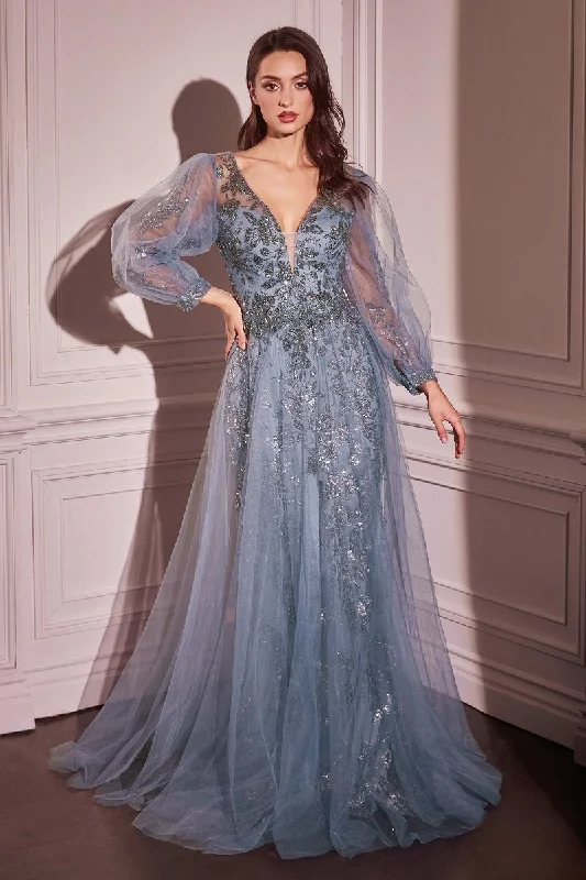 puff sleeve dressGlitter Long Sleeve Layered Tulle Gown by Cinderella Divine CD0102 - Special Occasion/Curves