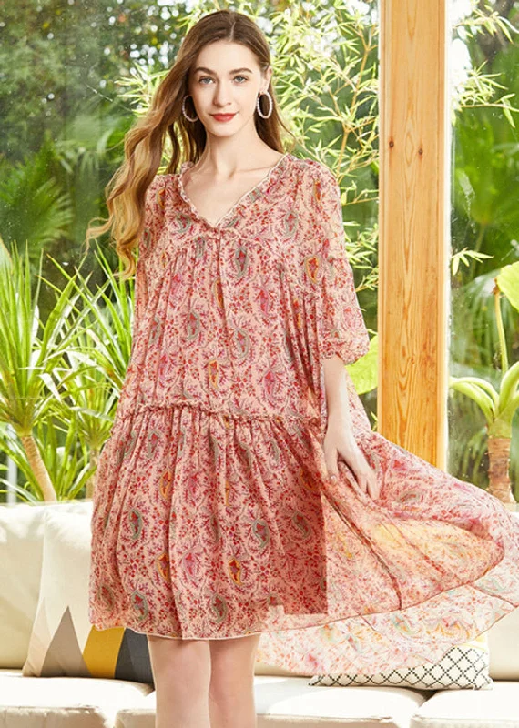 structured dressRed Print Chiffon A Line Dresses V Neck Lantern Sleeve