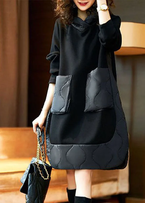 casual summer dressStyle Black Hooded Pockets Patchwork Cotton Dresses Spring