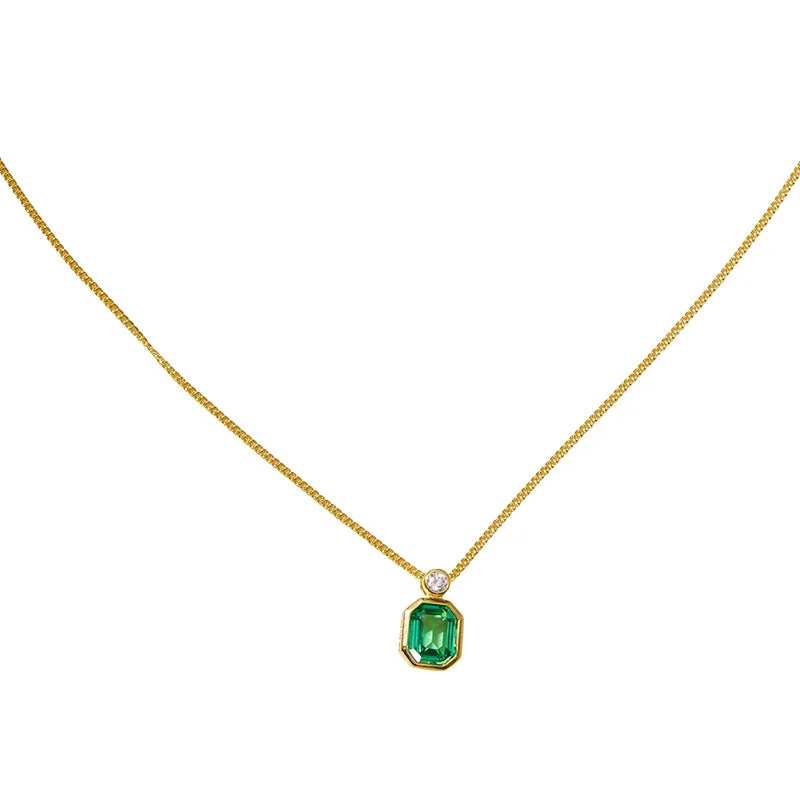 Year-End Sale floral wrap dressOctagonal Green Jewel Necklace S925 silver gold plated square emerald clavicle chain  680207180457