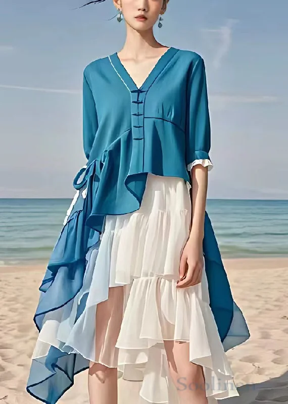 Best Seller comfy dressChic Blue Asymmetrical Patchwork Chiffon Dress Half Sleeve