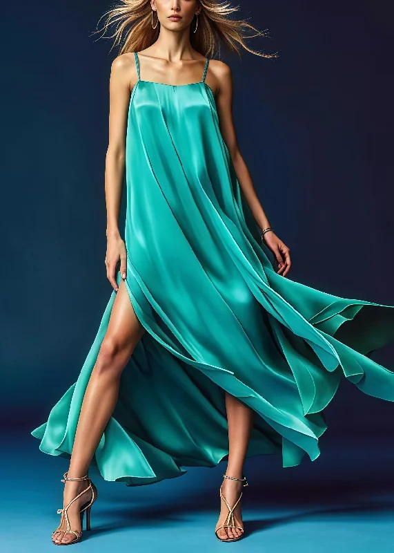 casual midi dressFashion Green Side Open Draping Silk Spaghetti Strap Dress Dresses Summer