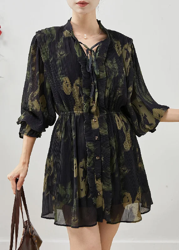 draped dressUnique Blackish Green Print Wrinkled Chiffon Day Dress Spring