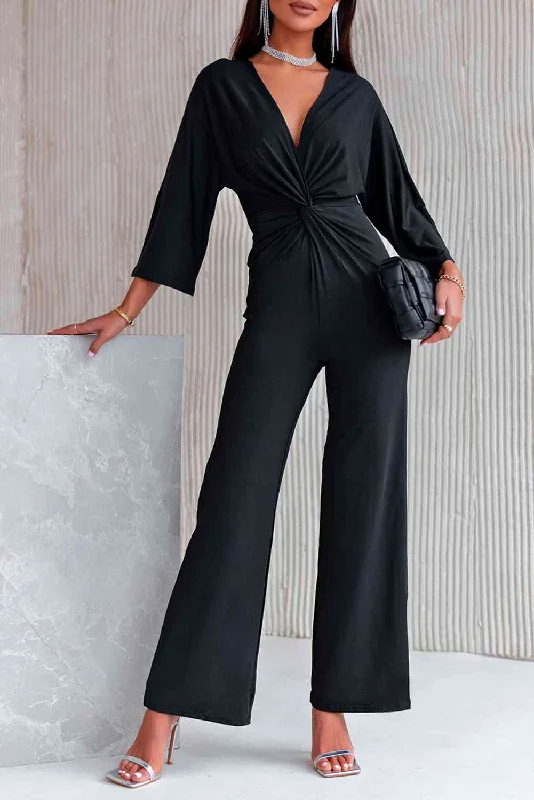 Buy More, Save More Twisted Plunge Three-Quarter Sleeve Jumpsuit