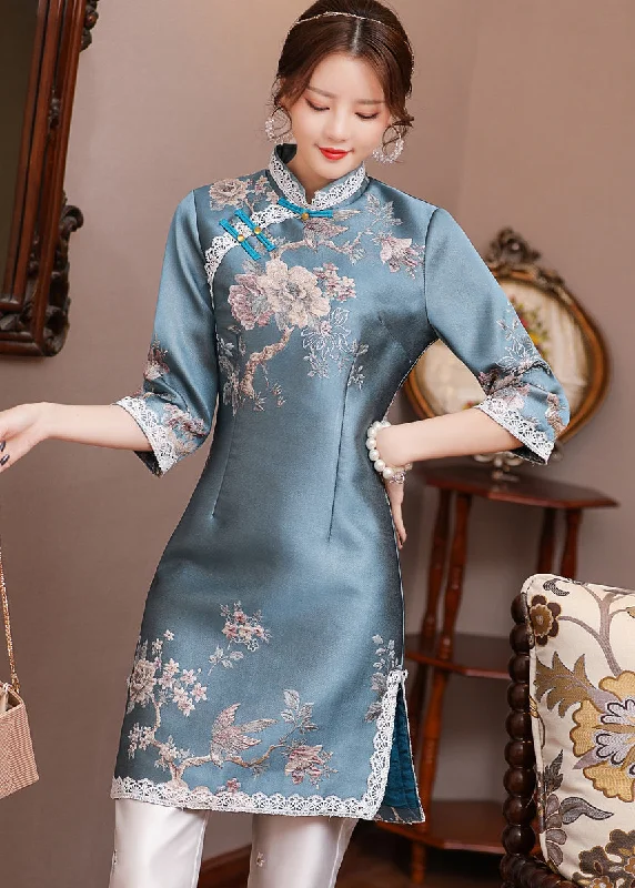 formal dressJacquard Blue Stand Collar Side Open Button Satin Cheongsam Mid Dress Long Sleeve