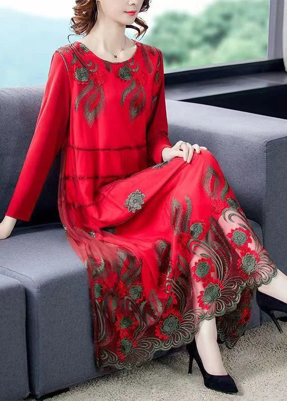 Final Markdown comfy maxi dressRed Tulle Long Dresses O-Neck Embroideried Spring