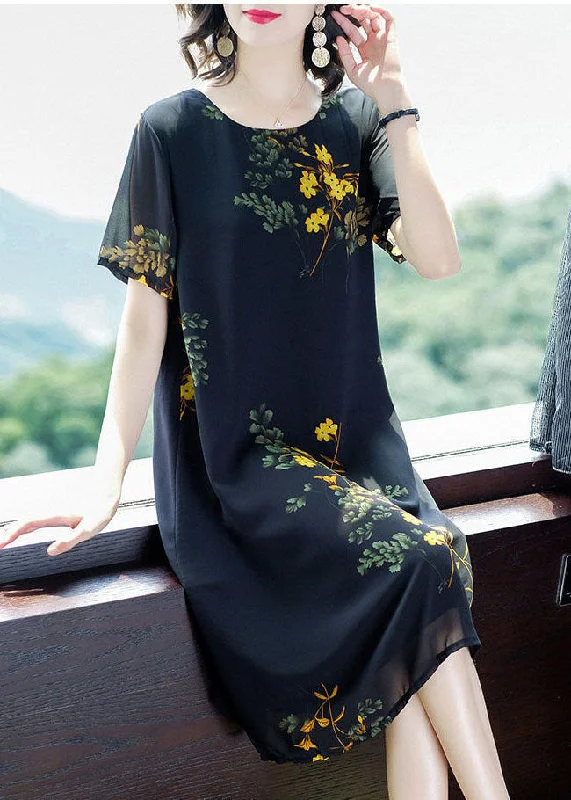 luxury dressModern Black O-Neck Print Draping Chiffon Maxi Dresses Summer