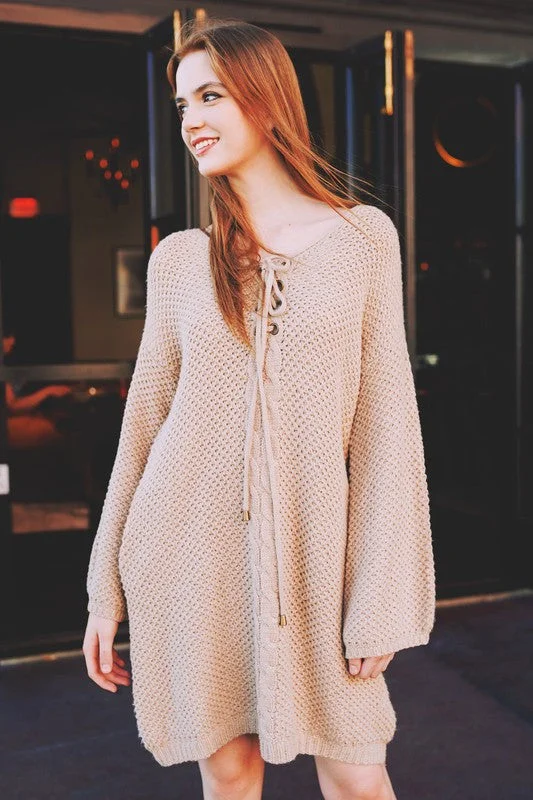 luxury dressChunky Knit Lace Up Sweater Dress