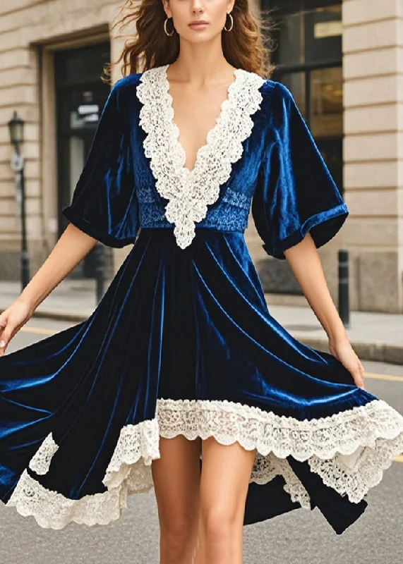 modern dressWomen Navy Asymmetrical Patchwork Silk Velvet Dresses Summer