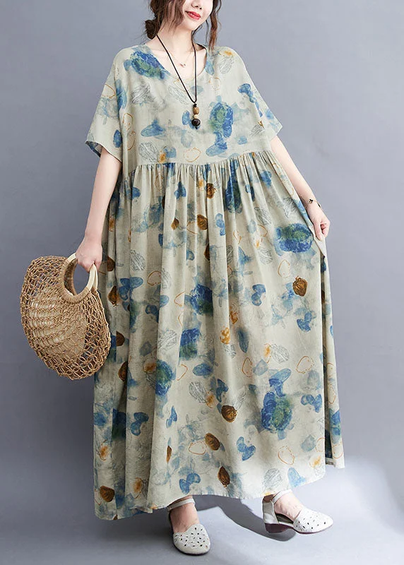 Savings Bonanza winter dressFashion Light Grey O-Neck Print Exra Large Hem Wrinkled Cotton Long Dresses Short Sleeve