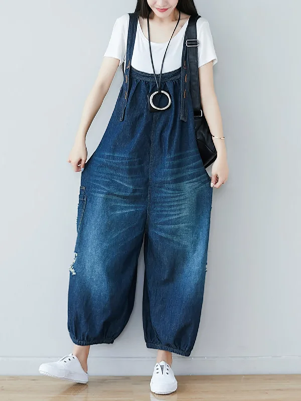 Final Clearance Women Summer  Retro Frayed Washed Denim Jumpsuits FG1034
