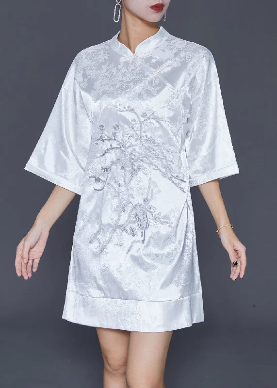 ruffle dressWhite Jacquard Silk Chinese Style Dress Embroideried Half Sleeve