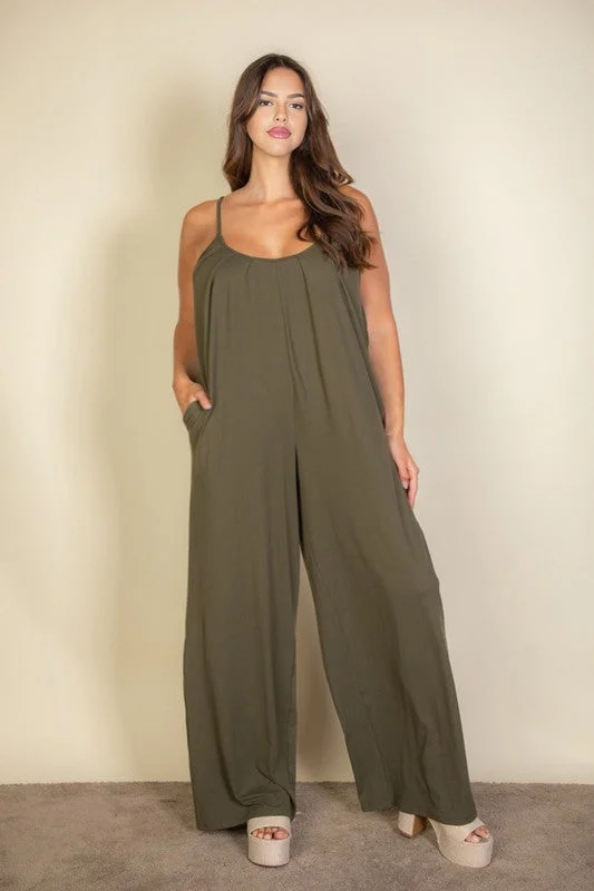 Must-Have Deals Plus Size Spaghetti strap solid wide jumpsuit