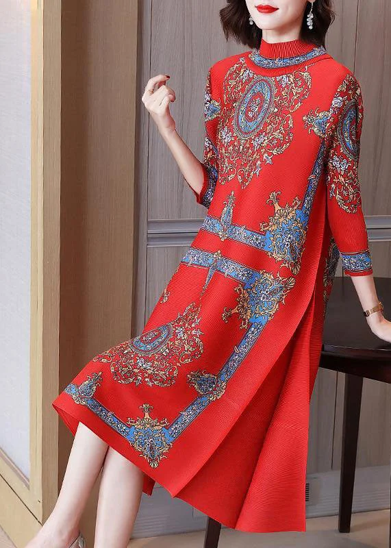 sleeveless dressWomen Red Stand Collar Wrinkled Print Silk Long Dresses Vestidos Bracelet Sleeve