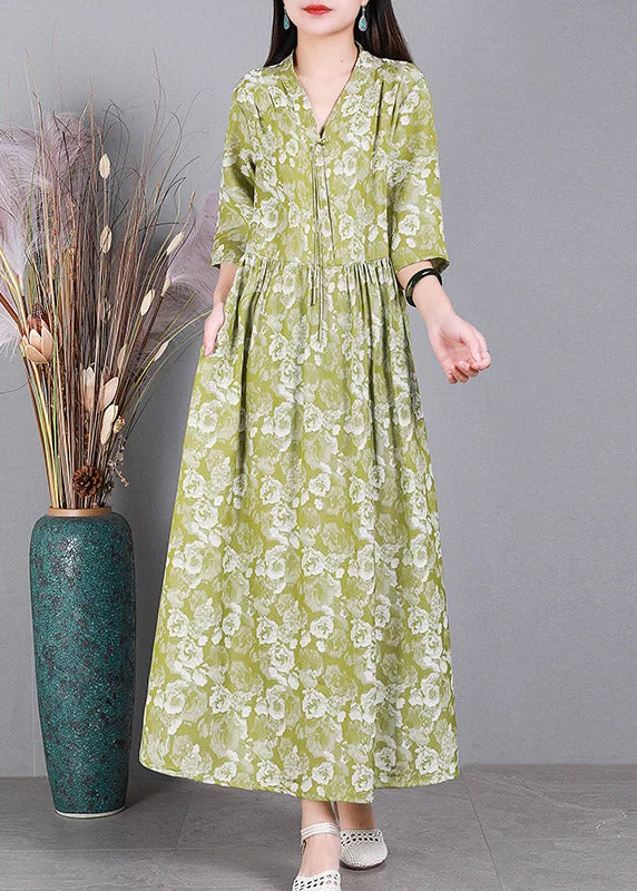 Today’s Deal boho dressStyle Green V Neck Print Button Silk Dress Long Sleeve