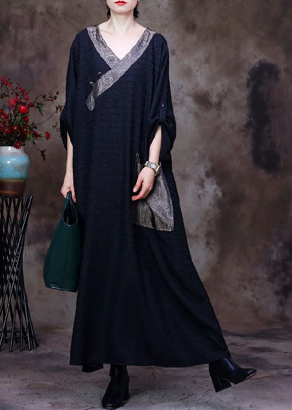 Deal Frenzy statement dressVintage Black Patchwork Pocket Wrinkled Oriental Button Silk Dress Long Sleeve Deal Frenzy statement dressVintage Black Patchwork Pocket Wrinkled Oriental Button Silk Dress Long Sleeve