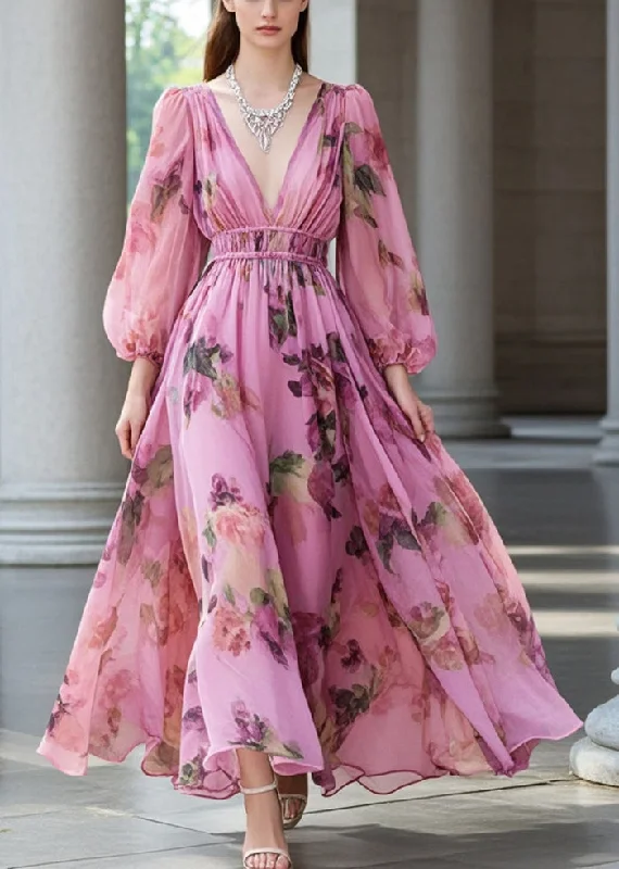 Great Deals flowy maxi dressFrench Pink V Neck Cinched Print Chiffon Party Dresses Fall