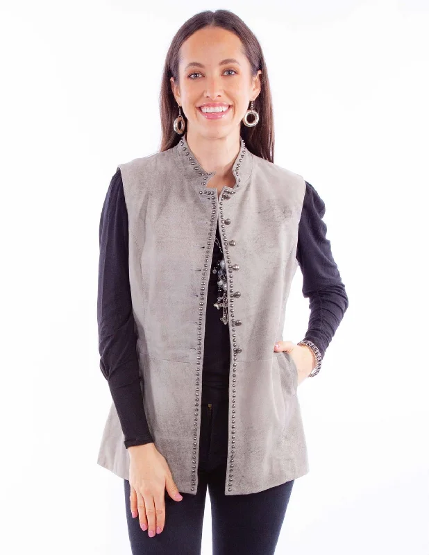 insulated coatScully Womens Studded Button Up Grey Leather Leather Vest