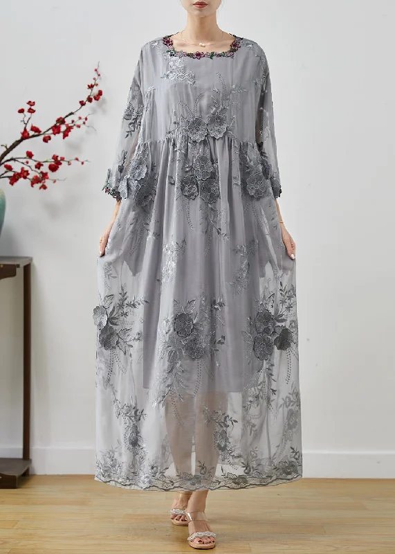 flowy dressBohemian Grey Embroidered Floral Silk Party Dress Spring