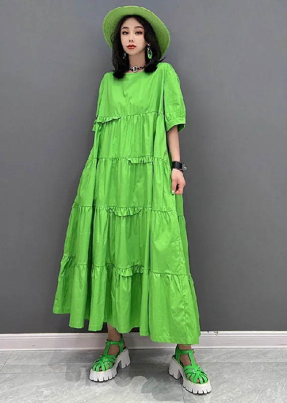 Massive Deals ruched dressStyle Green O-Neck Patchwork Pockets Ankle Dress Short Sleeve