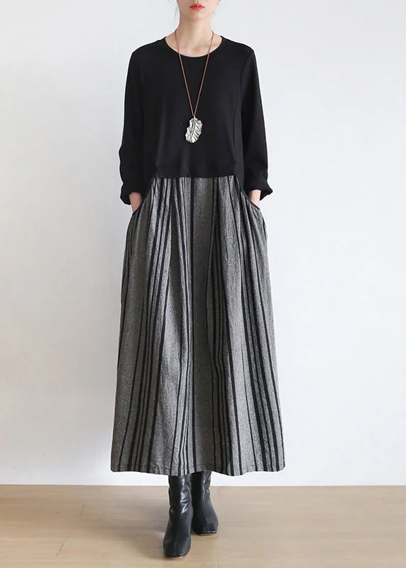 Massive Deals relaxed fit dressChic Black O-Neck Striped Patchwork Pockets Long Dresses Long Sleeve Massive Deals relaxed fit dressChic Black O-Neck Striped Patchwork Pockets Long Dresses Long Sleeve