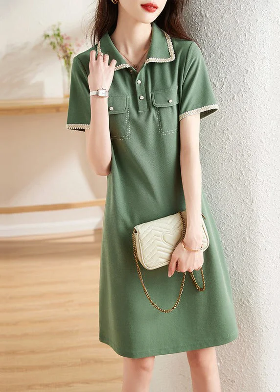 mini dressElegant Green Peter Pan Collar Button Patchwork Cotton Dress Summer