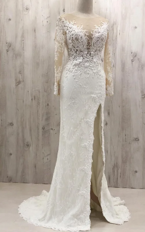 Don't Wait modern dressFit and Flare Sheer Long Lace Sleeve Slit Wedding Dress