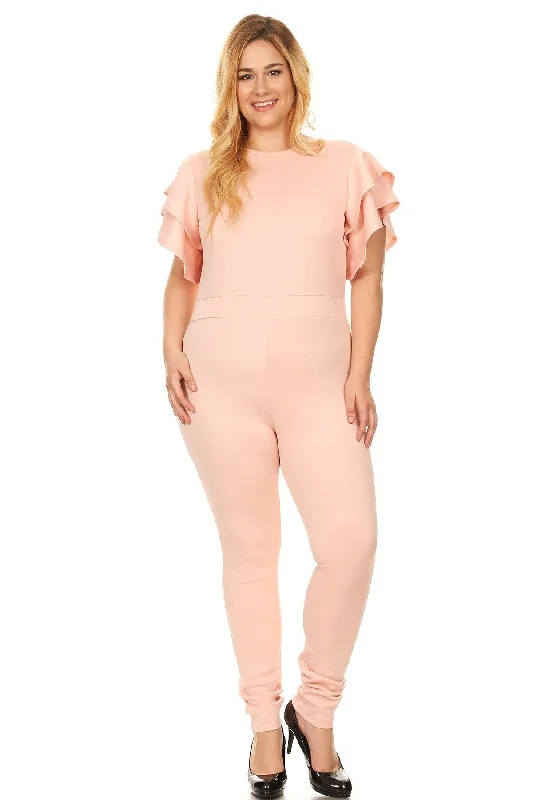 Act Fast Plus Size Mock Neck Ruffled Short Sleeves Banded Waist Zipper Closure Back Jumpsuit