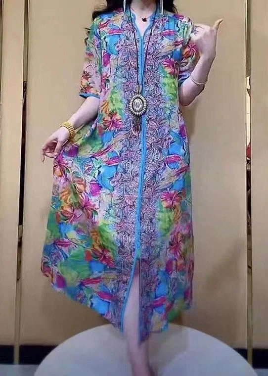 Great Deals wrap dressFitted V Neck Print Silk Long Dress Short Sleeve
