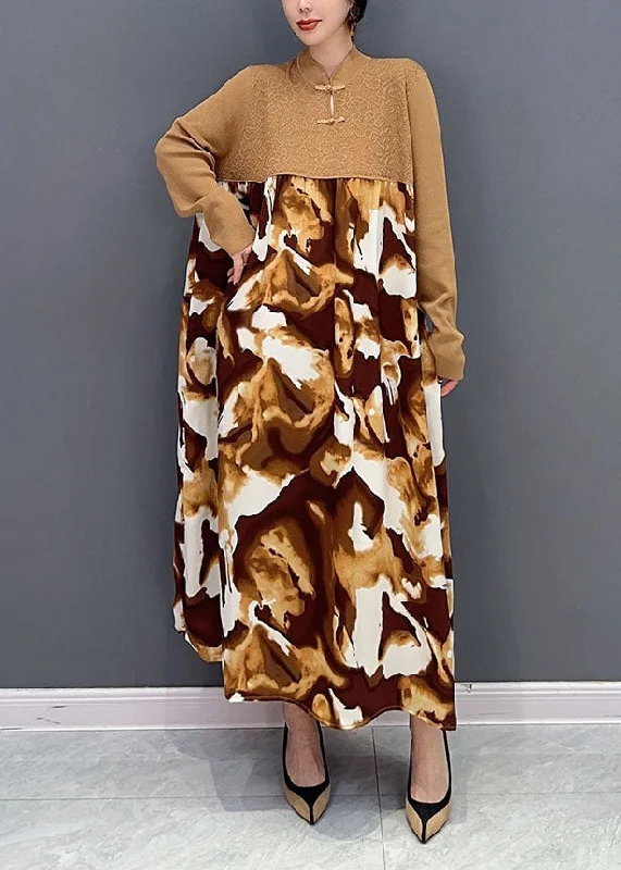Act Fast chic wrap dressVintage Khaki Mandarin Collar Patchwork Print Holiday Dress Spring
