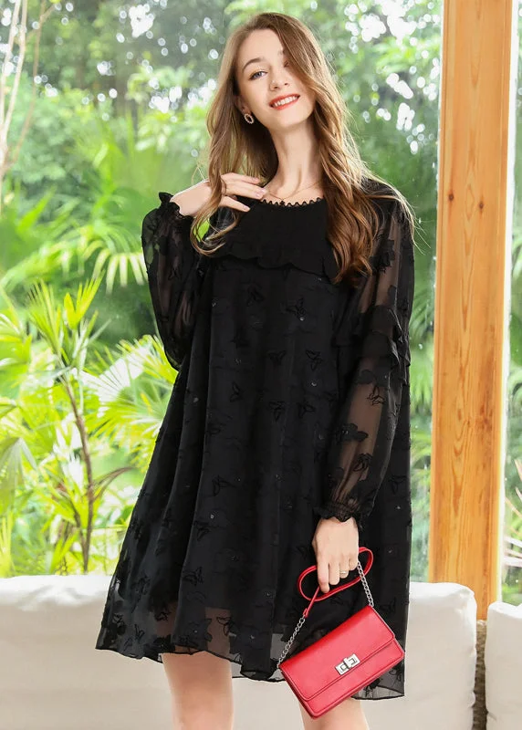 high-waisted dressBoho Black Embroideried Patchwork Ruffles Chiffon Maxi Dresses Spring