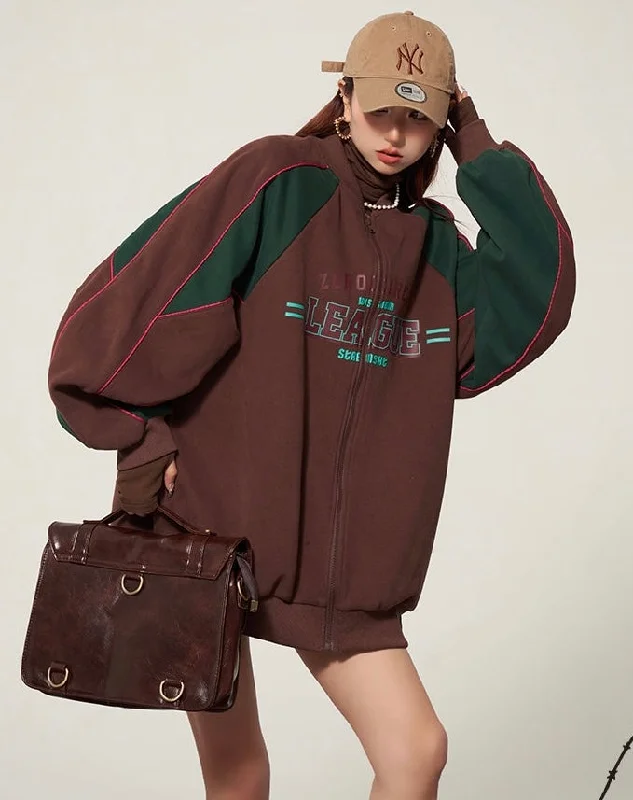 Super Sale LEAGUE Letter Embroidery Long Sleeve Zip Up Sweatshirt