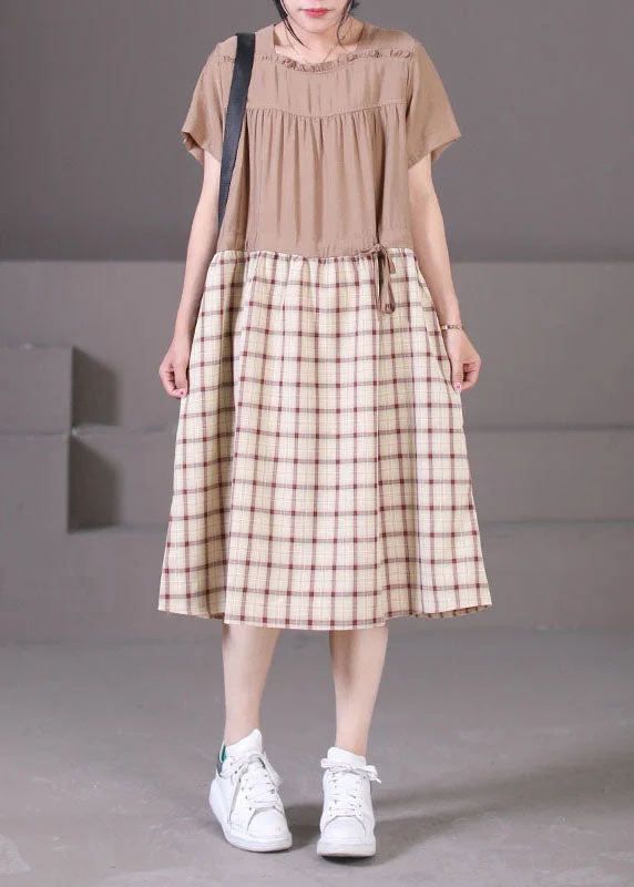 Bargain Prices casual evening dressDIY Khaki Square Collar Wrinkled Ruffled Drawstring Plaid Maxi Dresses Short Sleeve