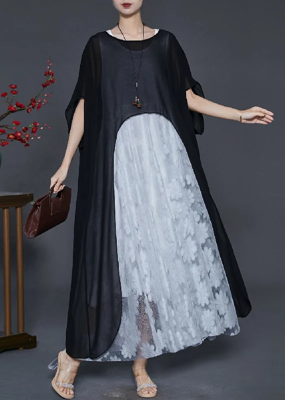 Closeout casual knit dressFrench Black Asymmetrical Oversized Chiffon Long Dress Summer