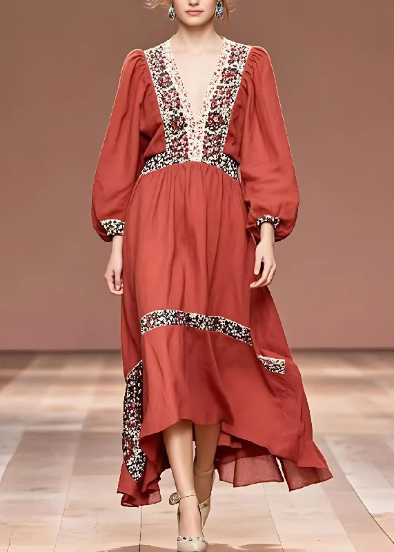 Stock Clearance stylish party dressFine Red Print Wrinkled Maxi Dress Fall