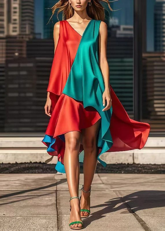 Special Discount comfy maxi dressStylish Colorblock Asymmetrical Patchwork Silk Dress Summer