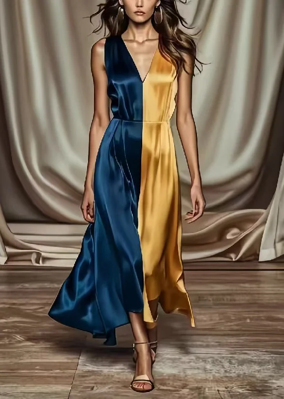 Quick Sale comfy dressWomen Colorblock Asymmetrical Patchwork Draping Silk Long Dress Summer