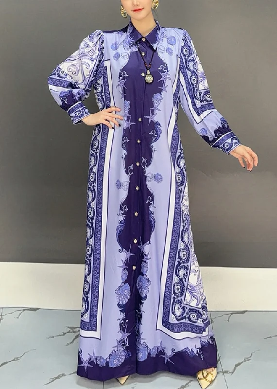 Overstock Sale fitted bodycon dressBlue Button High Waist Cotton Fall Long Dress Peter Pan Collar