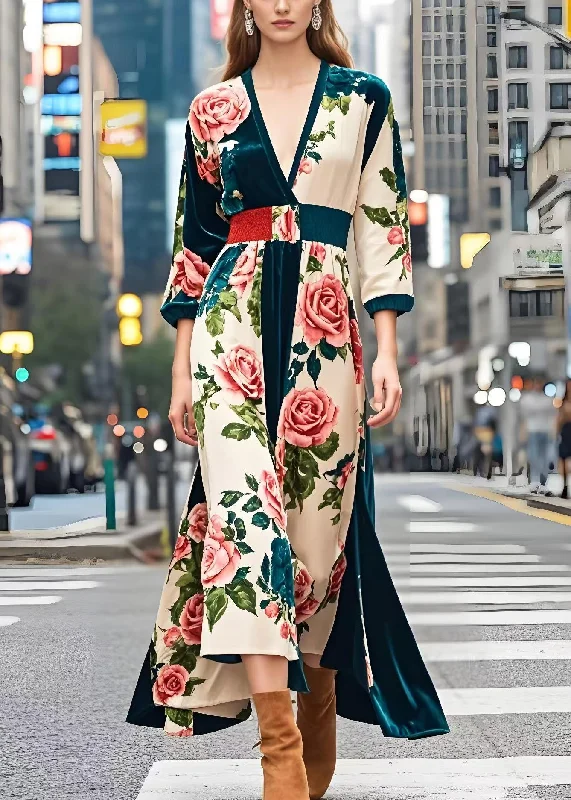 relaxed fit dressBeautiful Peacock Green Cinched Print Silk Velvet Dress Spring