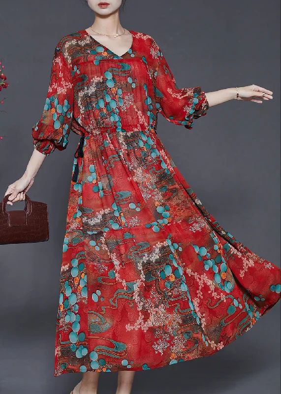 Price Cut floral wrap dressRed Print Chiffon Dress Cinched Exra Large Hem Spring