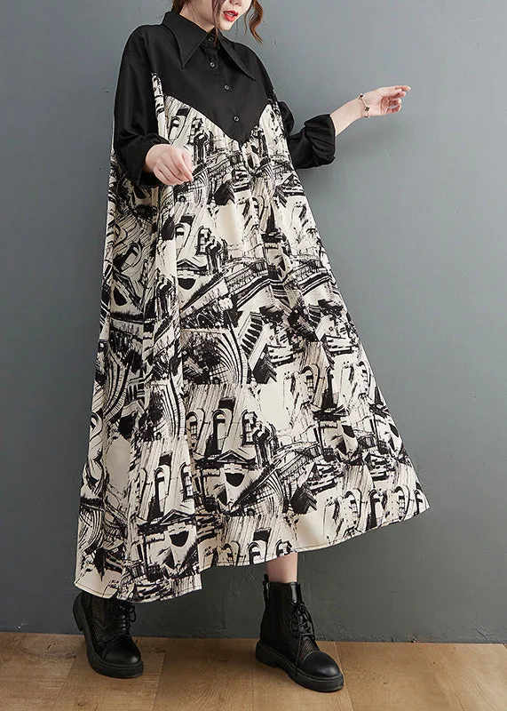 Mega Deal formal dressPlus Size Black Peter Pan Collar Print Patchwork Button Maxi Dress Long Sleeve