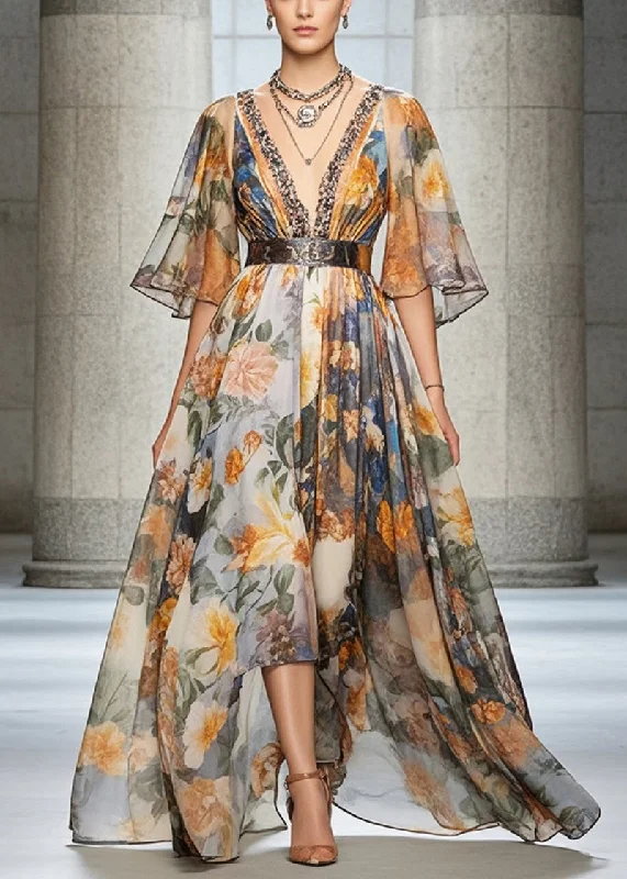 Weekend Deal velvet dressBlack Print Chiffon Beach Dress Deep-V Neck Cinched Summer
