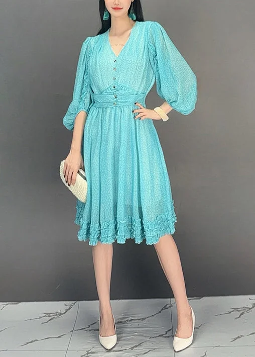 Clearance Event fitted dressLoose Baby Blue V Neck Ruffled Print Chiffon Dress Fall