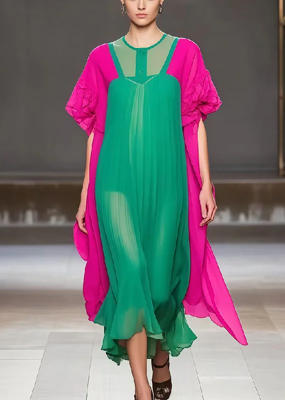 Price Smash casual evening dressBohemian Green Oversized Patchwork Chiffon Dress Summer