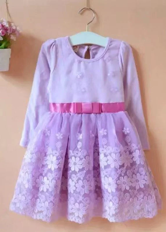 sleeveless dressChic Purple O-Neck Embroideried Floral Patchwork Tie Waist Tulle Kids Mid Dress Long Sleeve