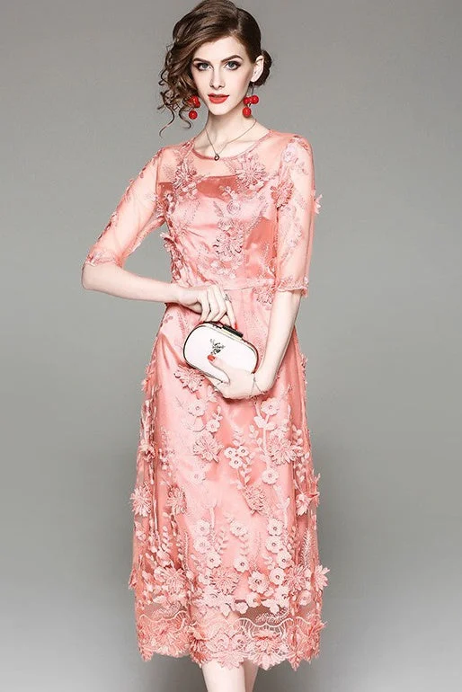 flowy evening dressLace Dress W/ Flower Detail