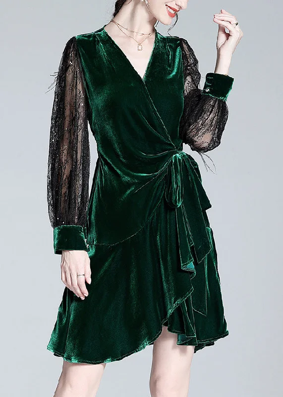 velvet dressSexy Green V Neck Tulle Patchwork Tie Waist Silk Velour Holiday Mid Dress Spring