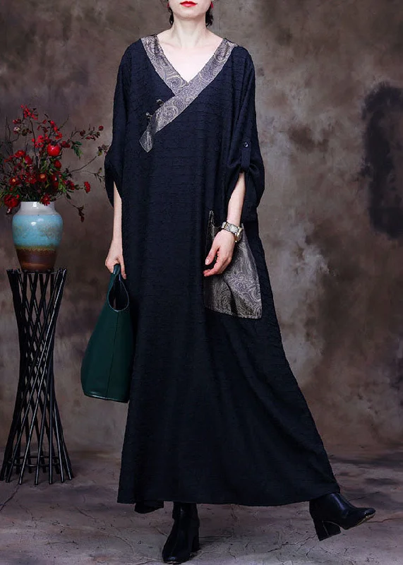 Limited Availability classic fit-and-flare dressVintage Black V Neck Patchwork Pocket Wrinkled Silk Dress Long Sleeve Limited Availability classic fit-and-flare dressVintage Black V Neck Patchwork Pocket Wrinkled Silk Dress Long Sleeve