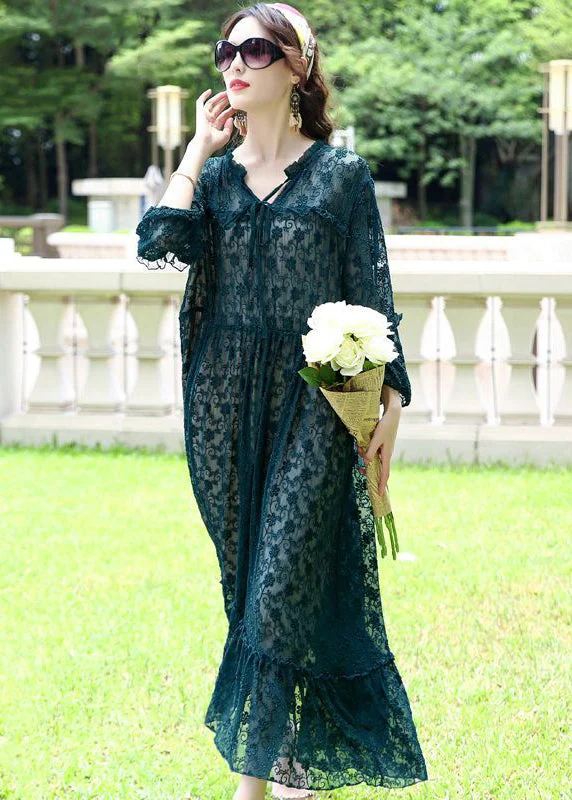 Quick Sale v-neck dressFrench Peacock Blue Ruffled Exra Large Hem Silk Long Dress Spring